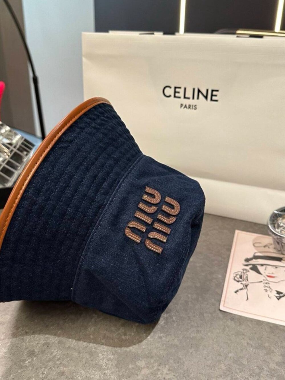 Miu Miu Navy Denim Bucket Hat with Brown Leather Trim and Logo